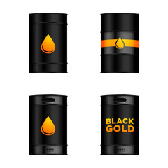 Black metal oil barrels objects isolated on white background
