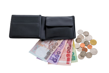 black leather wallet with money isolated