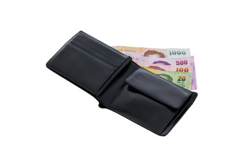 black leather wallet with money isolated