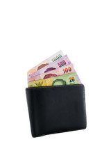 black leather wallet with money isolated