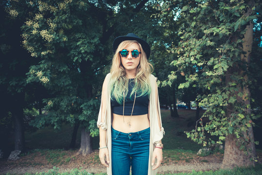 beautiful young blonde hair woman hipster