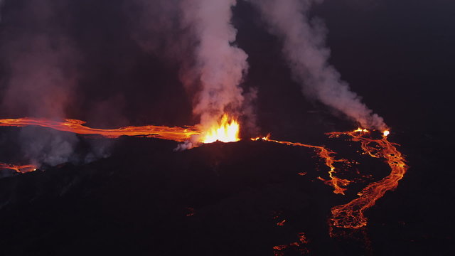 Aerial Lava Rivers Nature Molten Fire Eruption Holuhraun Volcano Night Iceland 