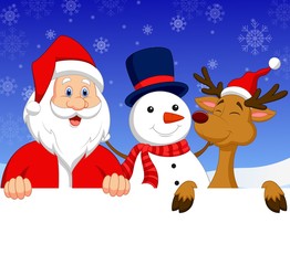 Santa Claus, reindeer and snowman with blank sign