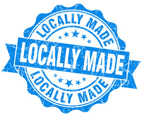 locally made blue grunge seal isolated on white