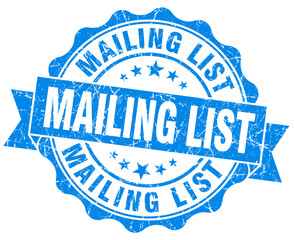 mailing list blue grunge seal isolated on white