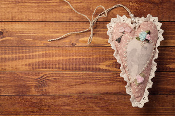 Textile toys made by hand in the form of heart. Symbol of Valent