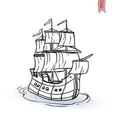 wooden ship under full sail. Vector illustration.