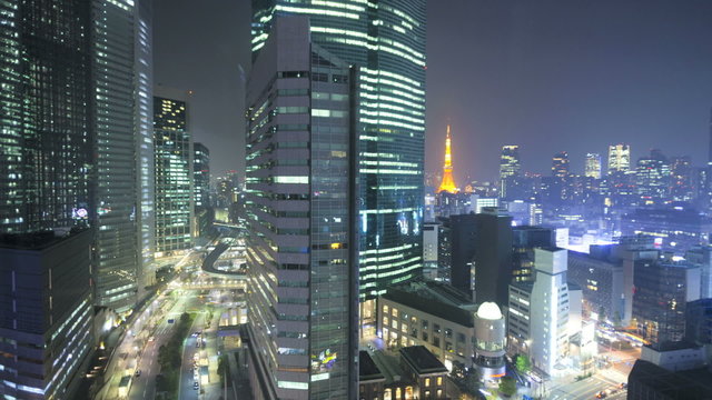 Time lapse Tokyo city Metropolis illuminated skyscrapers monorail  Japan