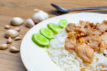 Fried pork with garlic and pepper on rice, Thai food style