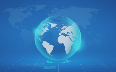 virtual globe and map over blue background