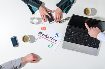 Business team at a meeting talking about marketing