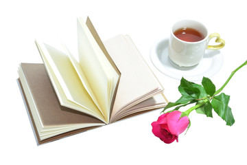 tea cup of love , handmade book and pink rose