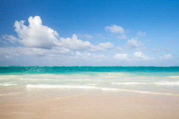 Fototapeta na wymiar Bright empty beach, coastal landscape. Dominican republic