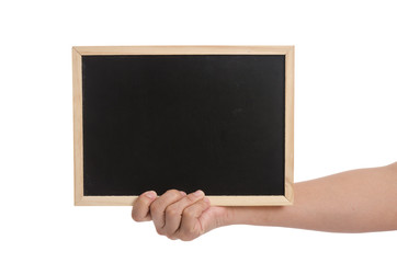 Woman hand holding blackboard on white background