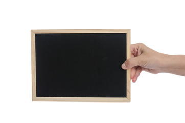 Woman hand holding blackboard on white background