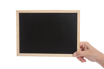 Woman hand holding blackboard on white background