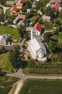 aerial view of church in Jasienica Gorna  village  near Nysa cit