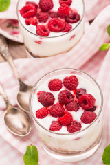 Yogurt with muesli and raspberries