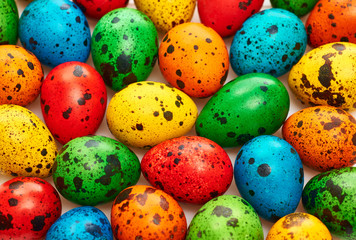 Fototapeta na wymiar Easter quail Eggs painted beautiful multicolored background