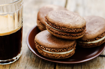 chocolate macaron with cream cheese and coffee