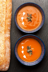 pumpkin soup in bowls. top view