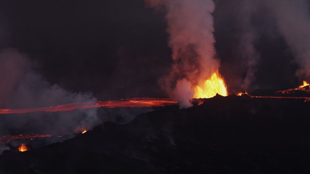 Aerial Flowing Molten Lava Holuhraun Volcano Erupting Fissures Magma Iceland
