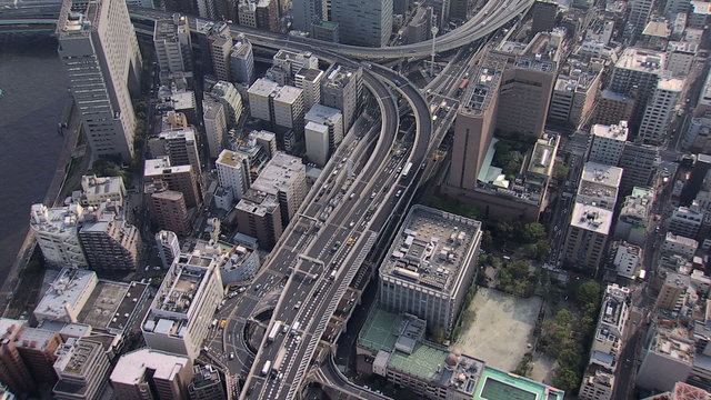 Aerial Sumida River bridges Tokyo city Expressway Japan 