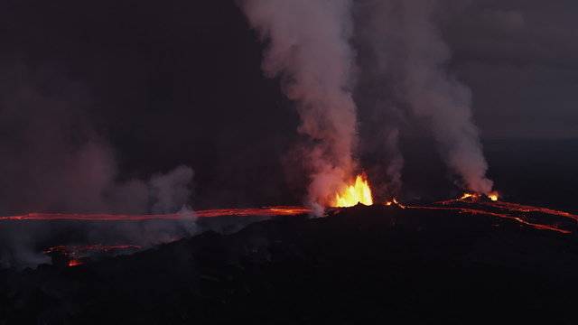Aerial Night Volcano Lava Holuhraun Seismic Activity Land Fissures Iceland 