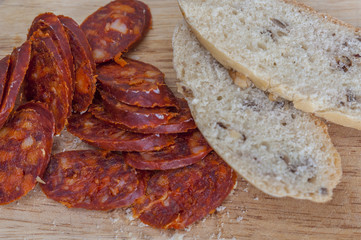 Homemade walnut bread with sausage (chorizo)
