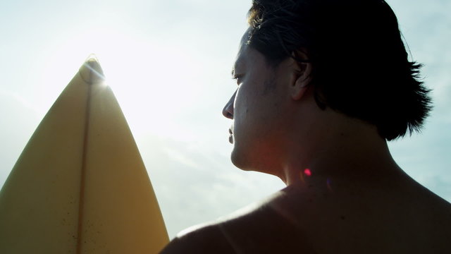 Close Up Handsome Young Asian Chinese Male Holding Surfboard 