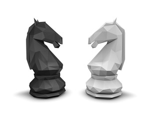Geometric chess horse black and white, isolated on white.