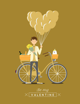 a guy with a bycicle holding flowers and balloons.