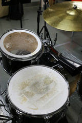 Fototapeta na wymiar Drum set in training room. Music equipment in training room.