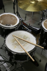 Fototapeta na wymiar Drum set in training room. Music equipment in training room.