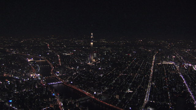 Aerial illuminated Skytree Tower cityscape Sumida district Tokyo Japan