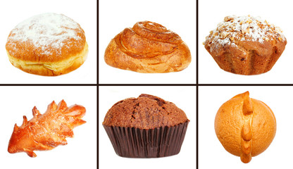 Collage of different pastries and bakery items, isolated