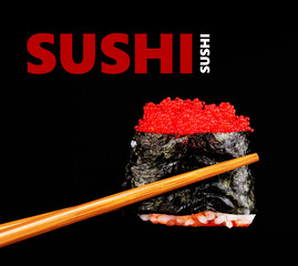 Delicious sushi isolated on black with space for your text