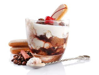 Tasty tiramisu dessert in glass, isolated on white