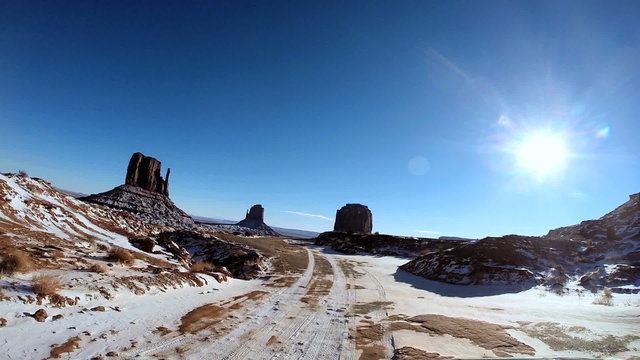 POV snow driving Monument Valley Tribal Indian Park Arizona USA