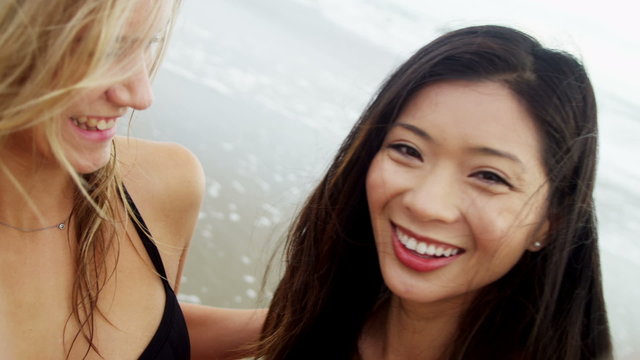 Laughing Multi Ethnic Girls Beach Vacation Fun Close Up Video Selfie