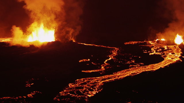 Aerial Lava Rivers Nature Molten Fire Eruption Holuhraun Volcano Night Iceland 