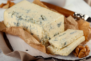 Still life with tasty blue cheese, close up