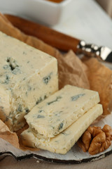Still life with tasty blue cheese, close up
