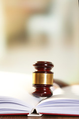 Wooden judges gavel lying on law book, close up