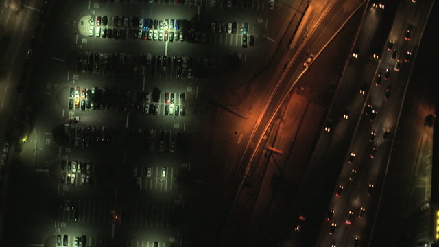 Aerial overhead illuminated night view City Buildings, USA