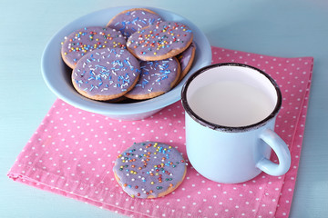 Plate of glazed cookies and mug of milk