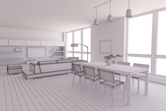 Interior render of a dining room without materials