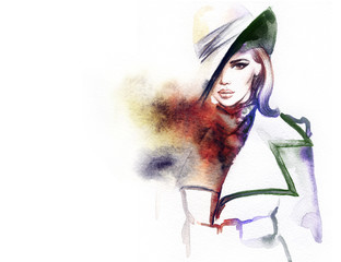 woman in coat .abstract watercolor .fashion background