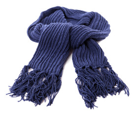 Blue winter scarf knitted warm clothes isolated white background photo