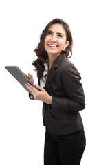 beautiful modern business woman holding tablet computer